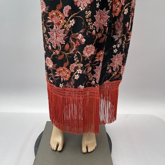 Mango MNG Floral Fringe Maxi Kimono Dress Bell Sleeve Black Red Women's Size 6 - Picture 14 of 16